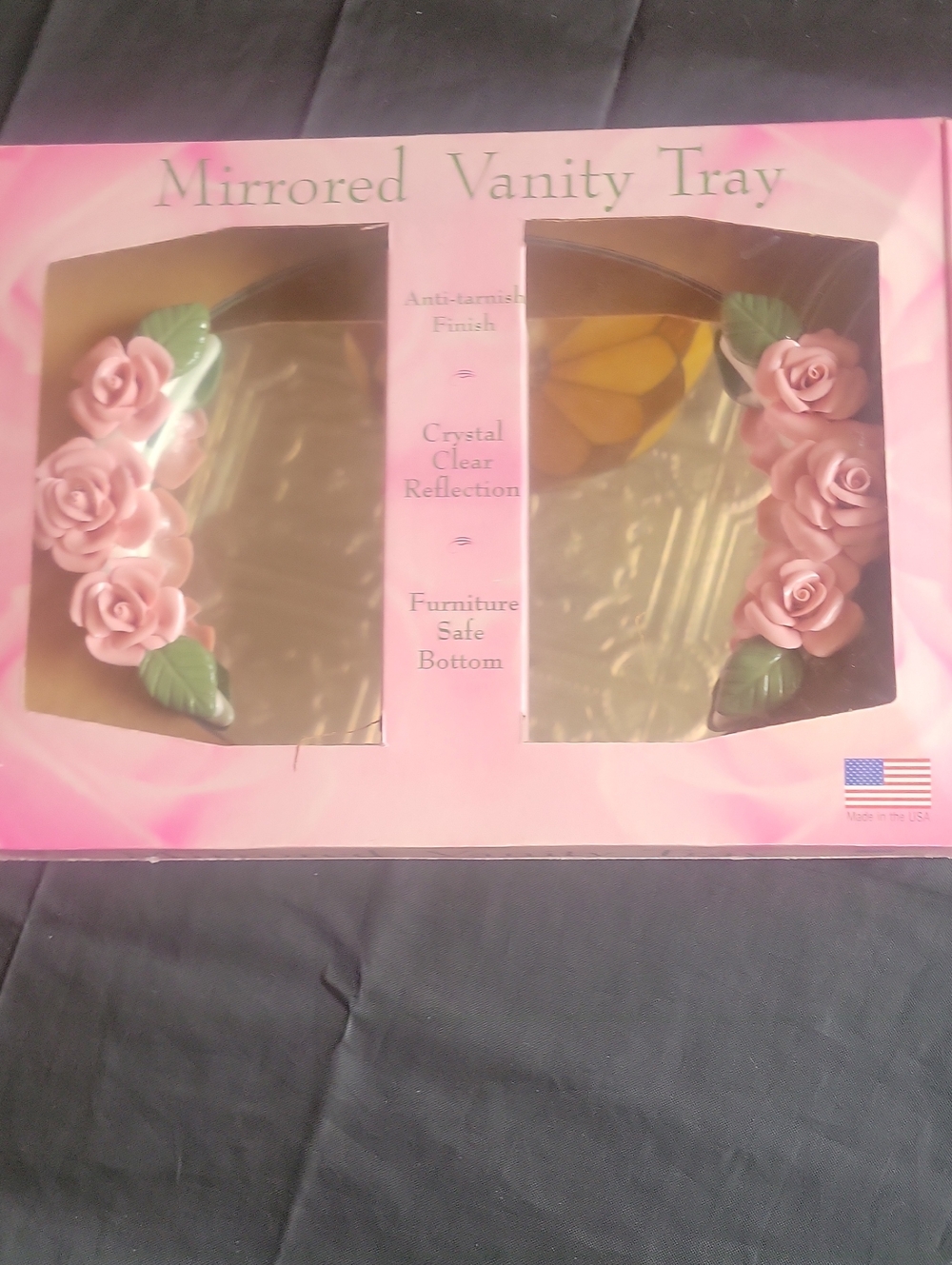 Vintage Mirrored Vanity Tray with Pink Rose Accents